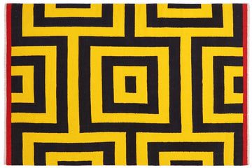 Flat Weave Kilim, Antique, Navaho, Vintage, Handmade, Modern Kilim Gold Black Hand-Woven Rectangle 100% Wool Area Rug 6 x 8